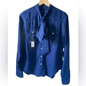 Fidelity Denim Mary Jane Pearl Snap Tie-Neck Shirt Indigo Size S NWT